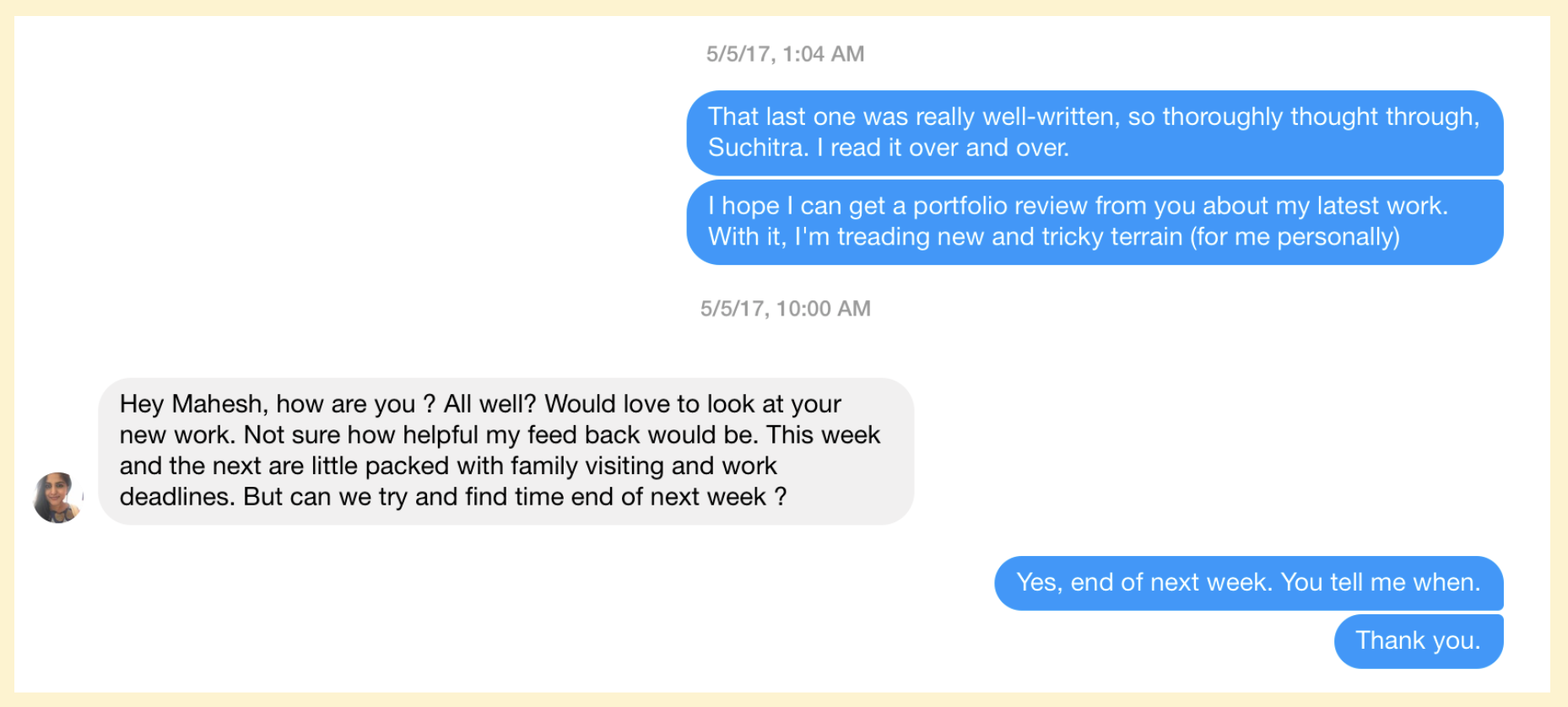 Facebook chat with Suchitra Vijayan dated 5 May 2017